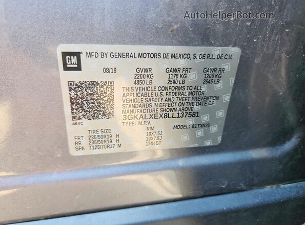 3GKALXEX8LL137581 2020 GMC TERRAIN Gray Vista de la etiqueta del VIN