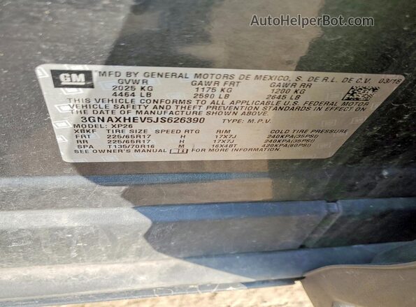 3GNAXHEV5JS626390 2018 CHEVROLET EQUINOX Серый Вид наклейки с VIN-кодом