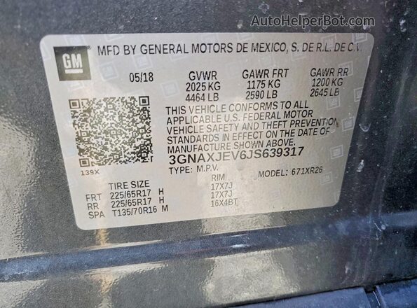 3GNAXJEV6JS639317 2018 CHEVROLET EQUINOX Серый Вид подкапотного пространства