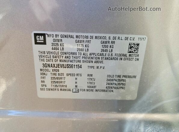 3GNAXJEV8JS561154 2018 CHEVROLET EQUINOX Серебряный Вид наклейки с VIN-кодом