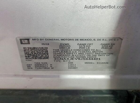 3GNAXJEV9JS644401 2018 CHEVROLET EQUINOX Серебряный Вид наклейки с VIN-кодом