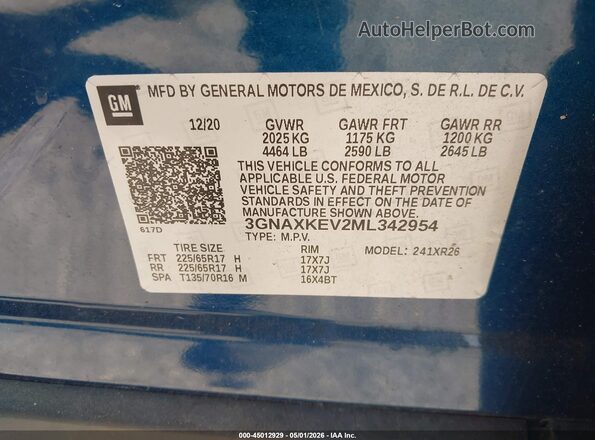 3GNAXKEV2ML342954 2021 CHEVROLET EQUINOX Синий Вид подкапотного пространства