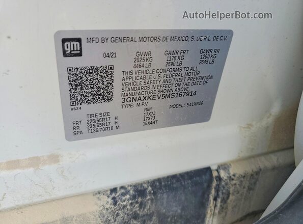 3GNAXKEV5MS167914 2021 CHEVROLET EQUINOX Белый Вид наклейки с VIN-кодом