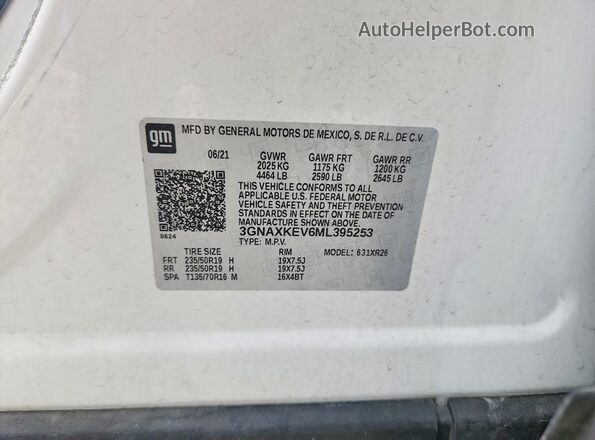 3GNAXKEV6ML395253 2021 CHEVROLET EQUINOX Белый Вид наклейки с VIN-кодом