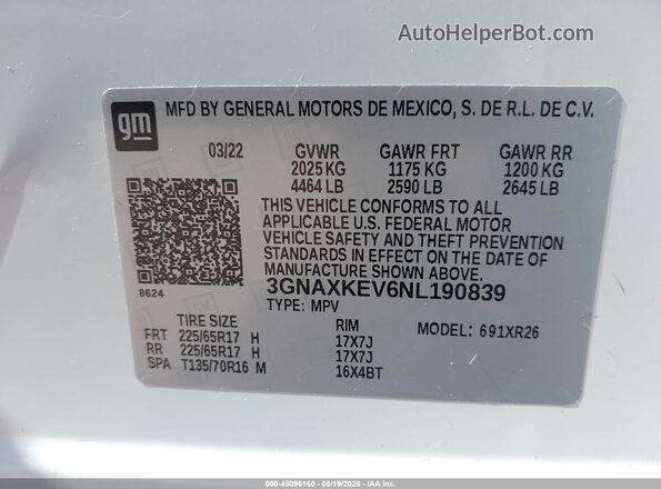 3GNAXKEV6NL190839 2022 CHEVROLET EQUINOX White Widok komory silnika