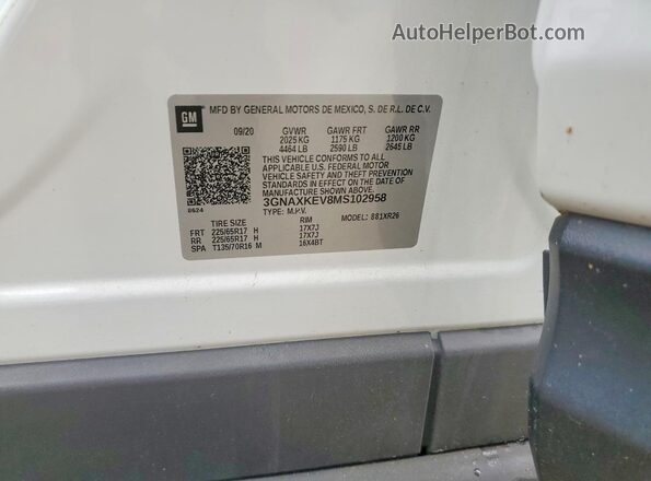 3GNAXKEV8MS102958 2021 CHEVROLET EQUINOX Белый Вид наклейки с VIN-кодом