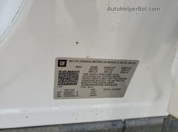 3GNAXKEVXLS531131 2020 CHEVROLET EQUINOX Белый Вид наклейки с VIN-кодом