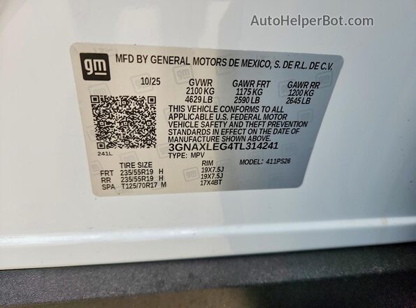 3GNAXLEG4TL314241 2026 CHEVROLET EQUINOX White ძრავის განყოფილების ხედი