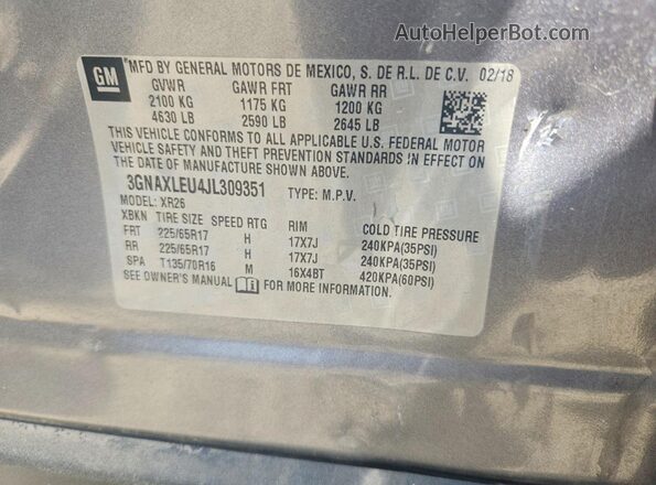 3GNAXLEU4JL309351 2018 CHEVROLET EQUINOX Gray Widok naklejki z numerem VIN
