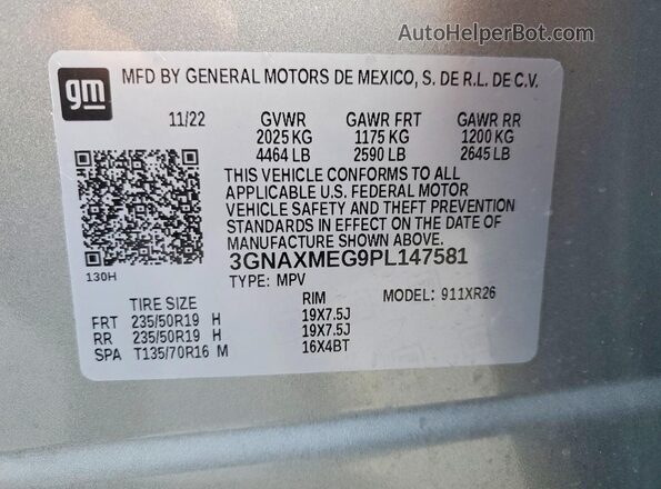 3GNAXMEG9PL147581 2023 CHEVROLET EQUINOX Серебряный Панорамный вид салона 360°