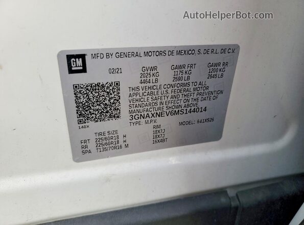 3GNAXNEV6MS144014 2021 CHEVROLET EQUINOX Белый Вид наклейки с VIN-кодом