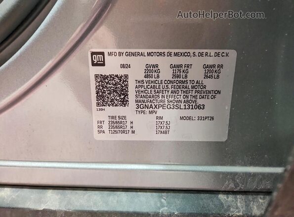 3GNAXPEG3SL131063 2025 CHEVROLET EQUINOX Серебряный Вид наклейки с VIN-кодом
