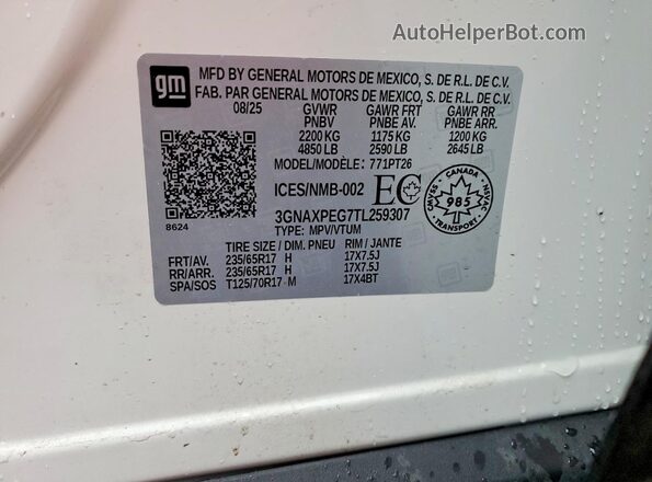 3GNAXPEG7TL259307 2026 CHEVROLET EQUINOX White VIN sticker view