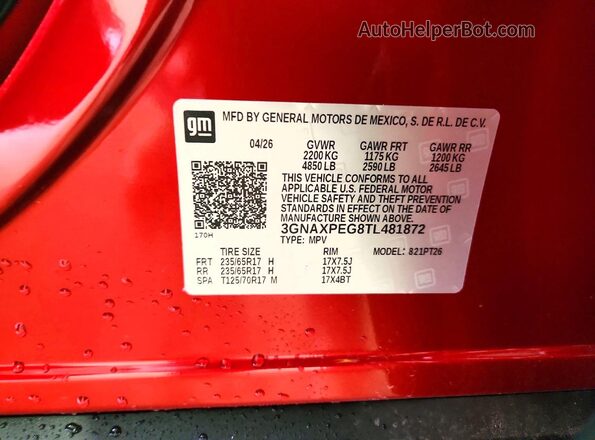 3GNAXPEG8TL481872 2026 CHEVROLET EQUINOX Red Widok wnętrza 360 stopni