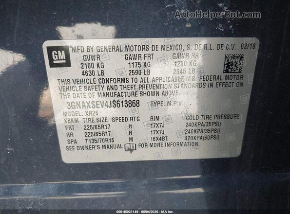 3GNAXSEV4JS613868 2018 CHEVROLET EQUINOX Blue Vista del compartimento del motor