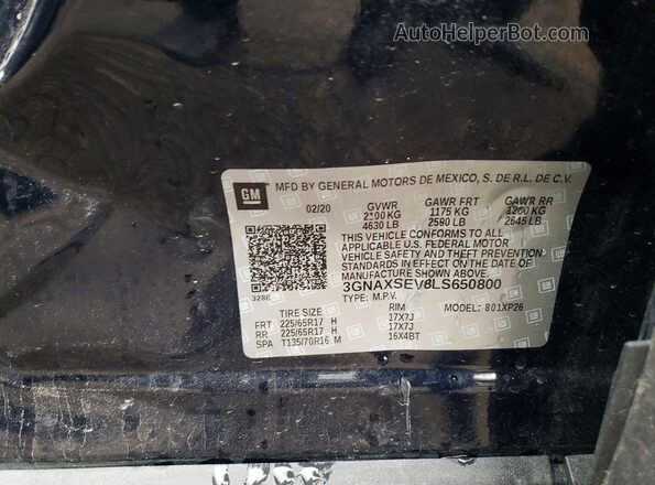 3GNAXSEV8LS650800 2020 CHEVROLET EQUINOX Blue Widok komory silnika