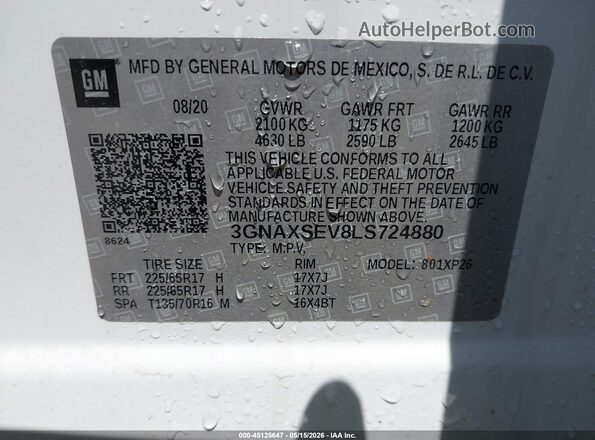 3GNAXSEV8LS724880 2020 CHEVROLET EQUINOX White Շարժիչի բաժամունքի տեսք