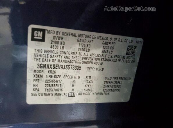 3GNAXSEV9JS573335 2018 CHEVROLET EQUINOX Синий Вид наклейки с VIN-кодом