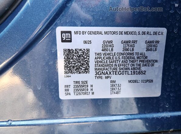 3GNAXTEG0TL191652 2026 CHEVROLET EQUINOX Blue Vista de la etiqueta del VIN