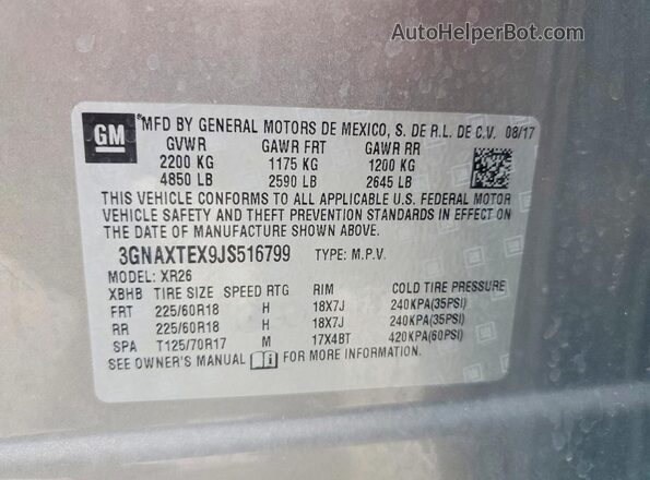 3GNAXTEX9JS516799 2018 CHEVROLET EQUINOX Beige VIN კოდის სტიკერის ხედი