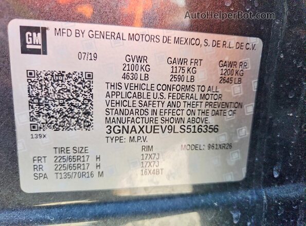 3GNAXUEV9LS516356 2020 CHEVROLET EQUINOX Серый Вид наклейки с VIN-кодом