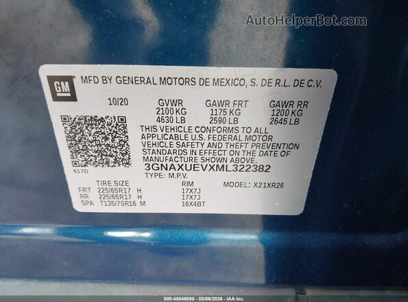 3GNAXUEVXML322382 2021 CHEVROLET EQUINOX Синий Вид подкапотного пространства