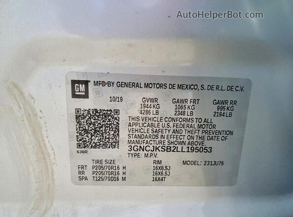 3GNCJKSB2LL195053 2020 CHEVROLET TRAX Silver Вид наклейки з VIN-кодом