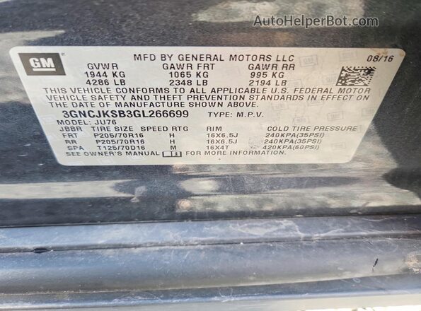 3GNCJKSB3GL266699 2016 CHEVROLET TRAX Серый Вид подкапотного пространства