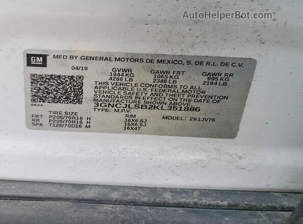 3GNCJLSB2KL351886 2019 CHEVROLET TRAX Белый Вид наклейки с VIN-кодом
