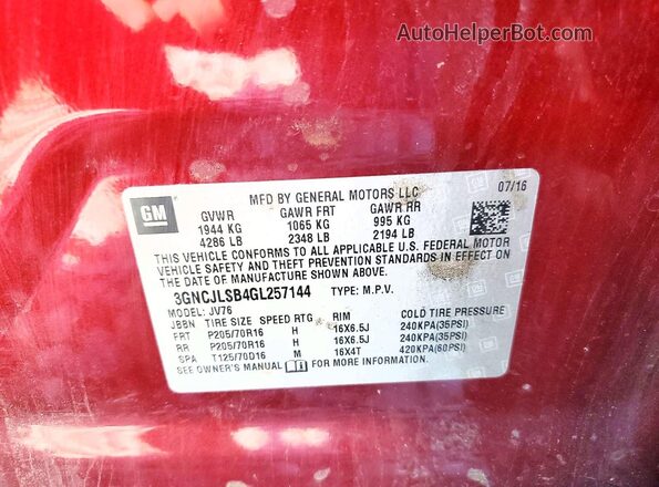 3GNCJLSB4GL257144 2016 CHEVROLET TRAX Красный Вид наклейки с VIN-кодом