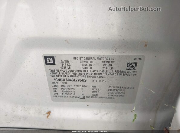 3GNCJLSB4GL278429 2016 CHEVROLET TRAX Серебряный Вид подкапотного пространства