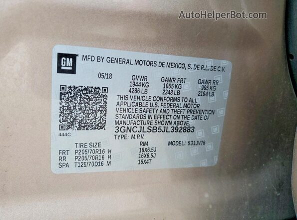 3GNCJLSB5JL392883 2018 CHEVROLET TRAX Желто-коричневый Вид наклейки с VIN-кодом