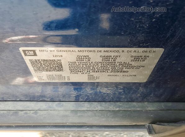 3GNCJLSB5KL259980 2019 CHEVROLET TRAX Blue Вид наклейки з VIN-кодом