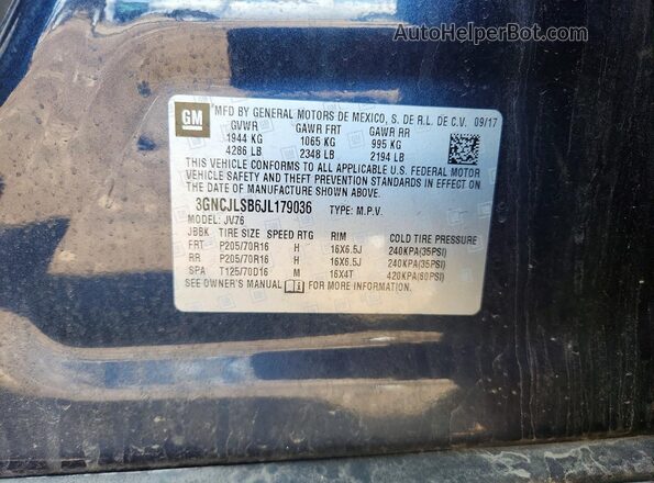 3GNCJLSB6JL179036 2018 CHEVROLET TRAX Синий Вид подкапотного пространства