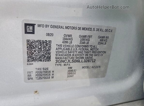 3GNCJLSB6LL328712 2020 CHEVROLET TRAX Silver VIN კოდის სტიკერის ხედი