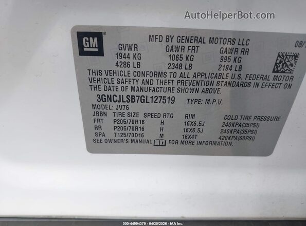 3GNCJLSB7GL127519 2016 CHEVROLET TRAX Белый Вид подкапотного пространства
