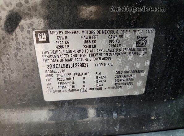 3GNCJLSB7JL229927 2018 CHEVROLET TRAX Gray Вид наклейки з VIN-кодом