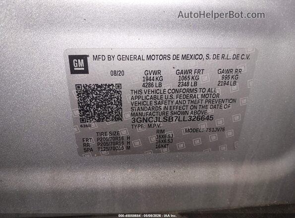3GNCJLSB7LL326645 2020 CHEVROLET TRAX Серебряный Вид подкапотного пространства