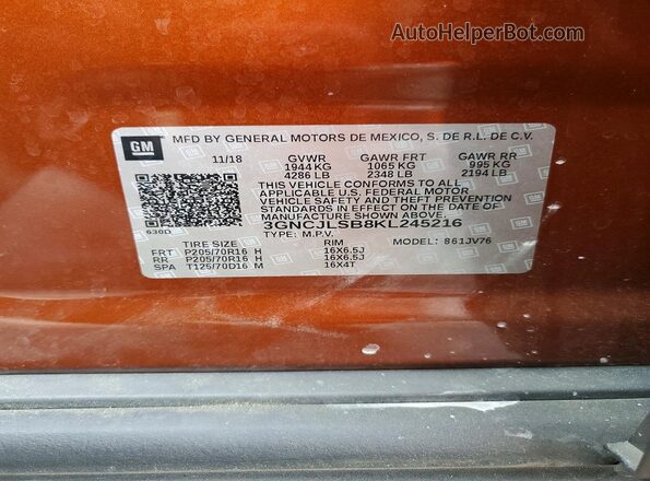3GNCJLSB8KL245216 2019 CHEVROLET TRAX Оранжевый Панорамный вид салона 360°