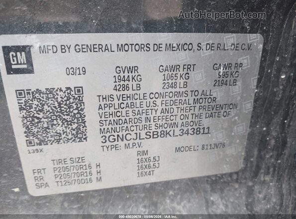 3GNCJLSB8KL343811 2019 CHEVROLET TRAX Серый Вид подкапотного пространства