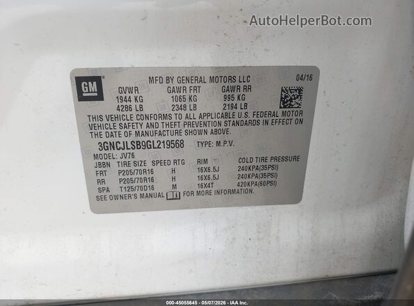 3GNCJLSB9GL219568 2016 CHEVROLET TRAX Белый Вид подкапотного пространства