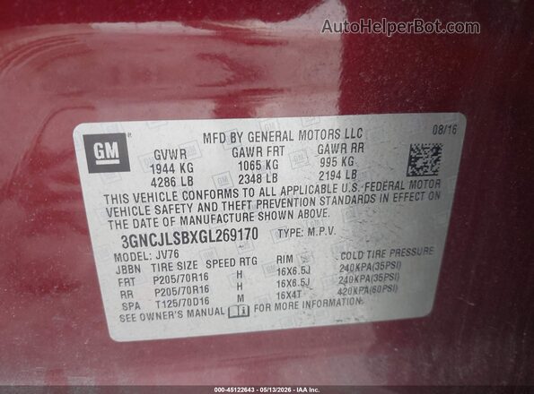 3GNCJLSBXGL269170 2016 CHEVROLET TRAX Темно-бордовый Вид подкапотного пространства