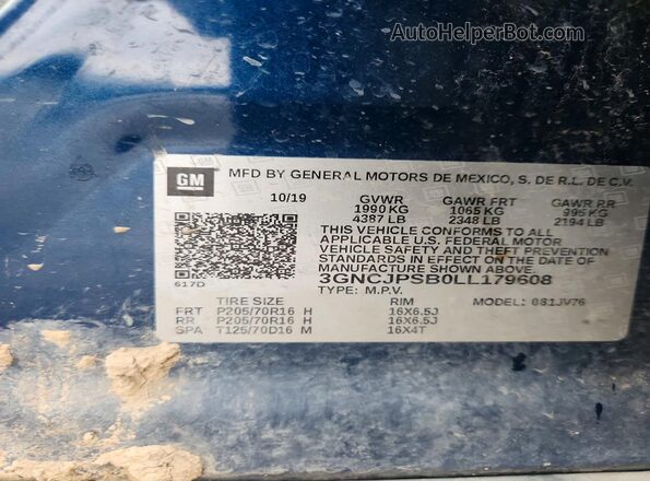 3GNCJPSB0LL179608 2020 CHEVROLET TRAX Blue Widok naklejki z numerem VIN