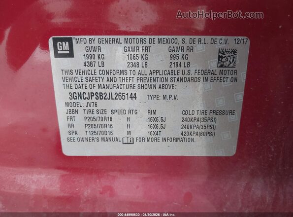 3GNCJPSB2JL265144 2018 CHEVROLET TRAX Красный Вид подкапотного пространства