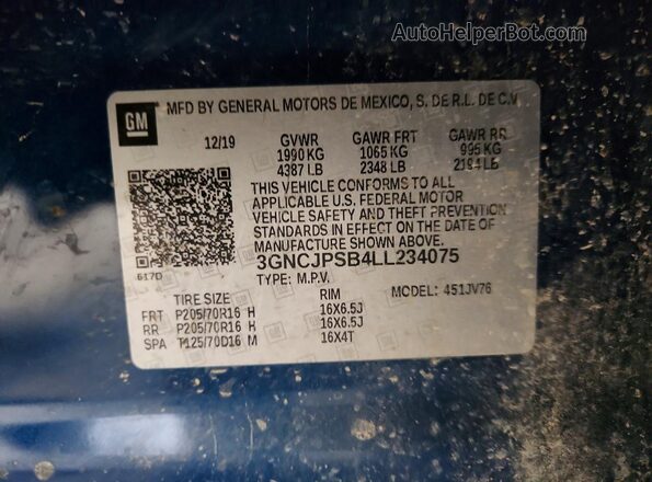 3GNCJPSB4LL234075 2020 CHEVROLET TRAX Blue Widok komory silnika