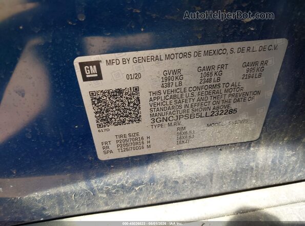 3GNCJPSB5LL232285 2020 CHEVROLET TRAX Синий Вид подкапотного пространства