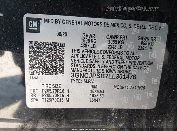 3GNCJPSB7LL301476 2020 CHEVROLET TRAX Black Вид підкапотного простору