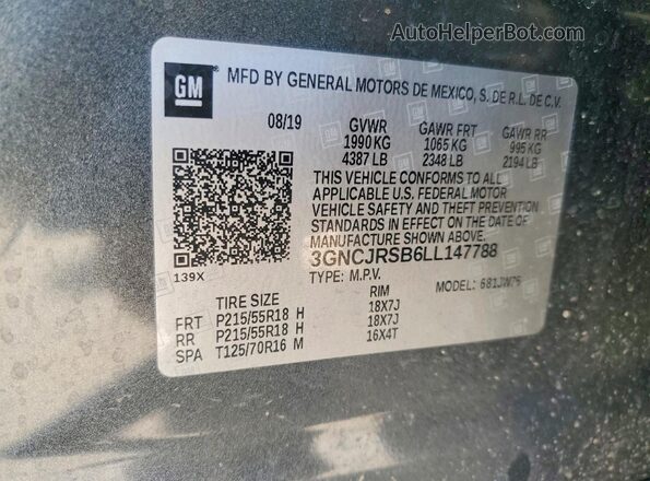 3GNCJRSB6LL147788 2020 CHEVROLET TRAX Угольный Вид наклейки с VIN-кодом