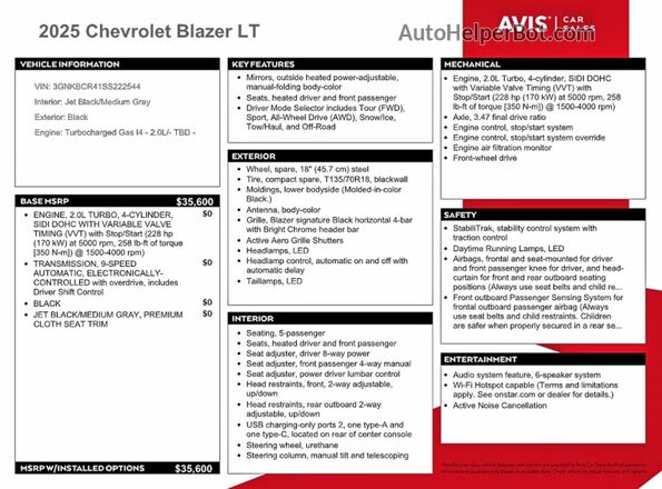 3GNKBCR41SS222544 2025 CHEVROLET BLAZER Черный Вид наклейки с VIN-кодом