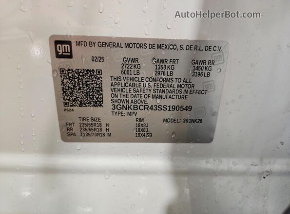 3GNKBCR43SS190549 2025 CHEVROLET BLAZER Белый Панорамный вид салона 360°